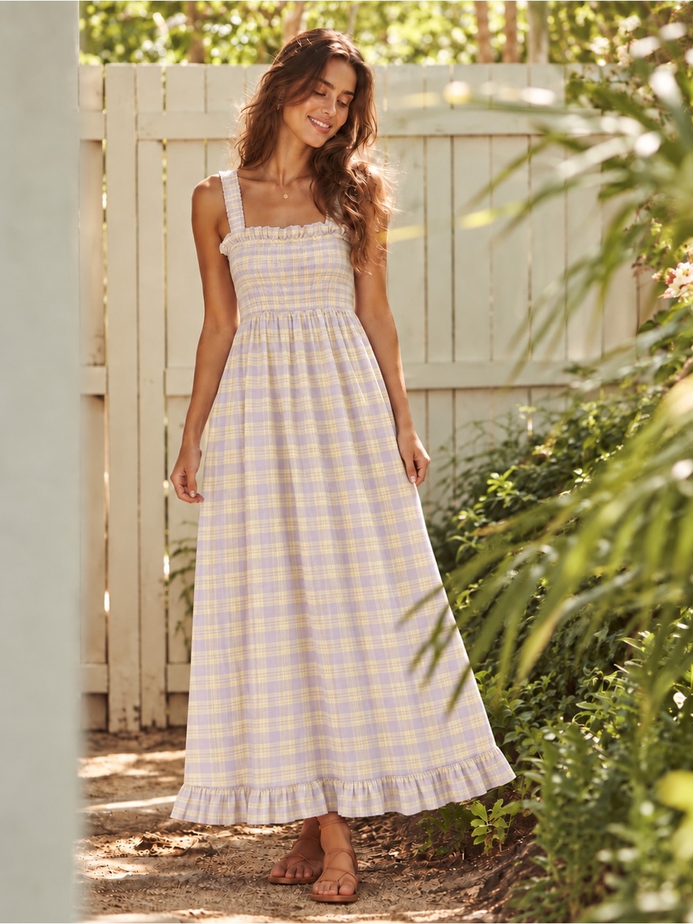 Levi’s XS Lavender Yellow Plaid Smocked Maxi Dress 100% Cotton Cottage Prairie